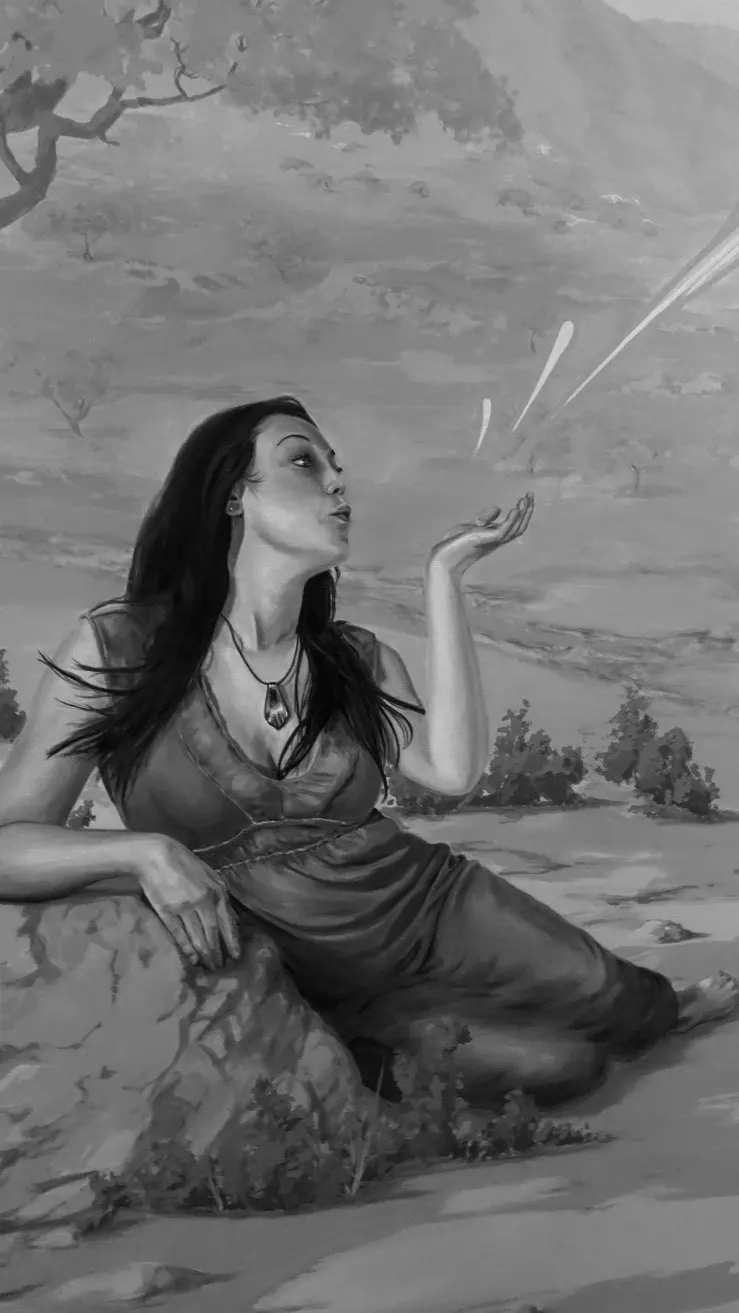 Grisaille mural of a reclining figure in a landscape, painted entirely in tones of grey