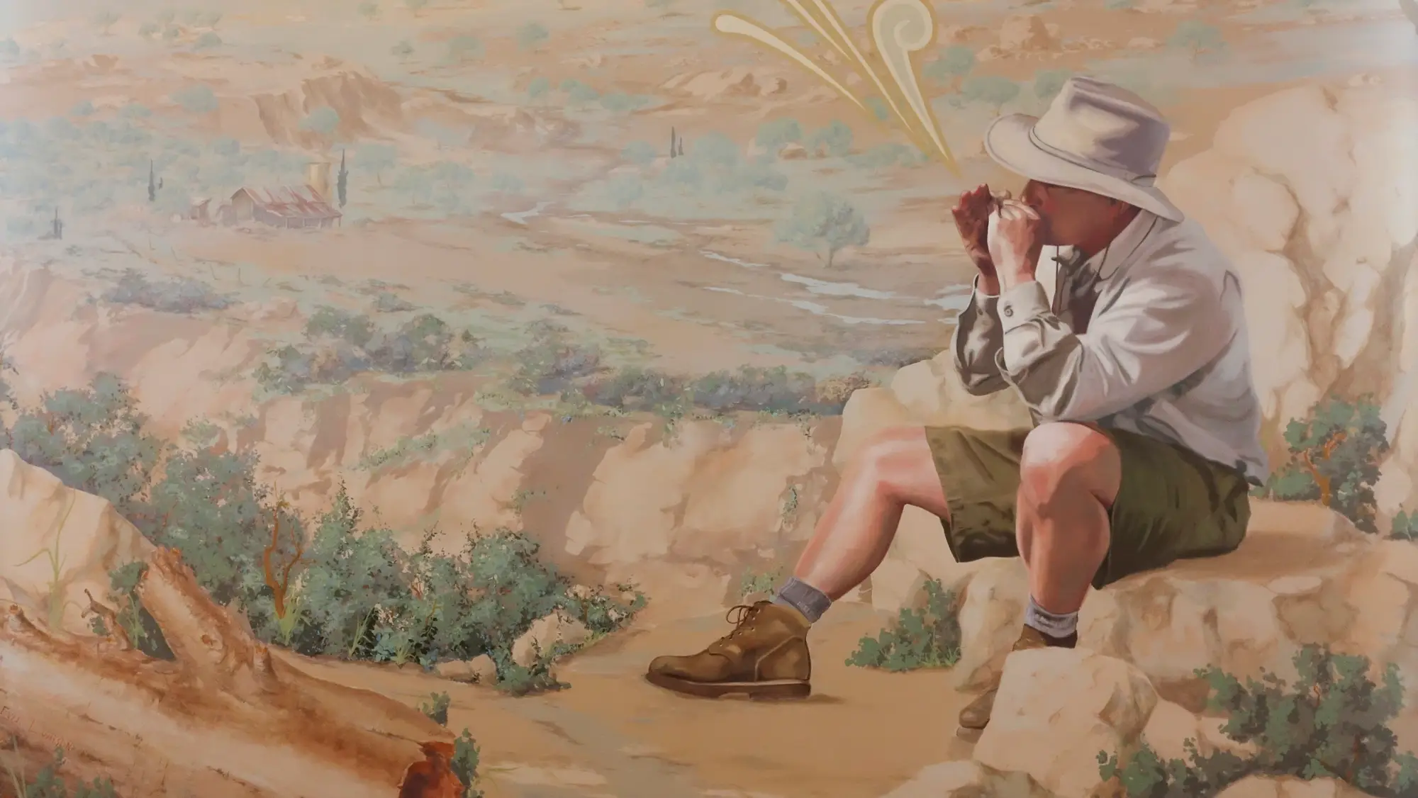 Hand-painted civic mural of the Crescenta Valley landscape with a hiker drinking from cupped hands, painted by Le Grande Studios