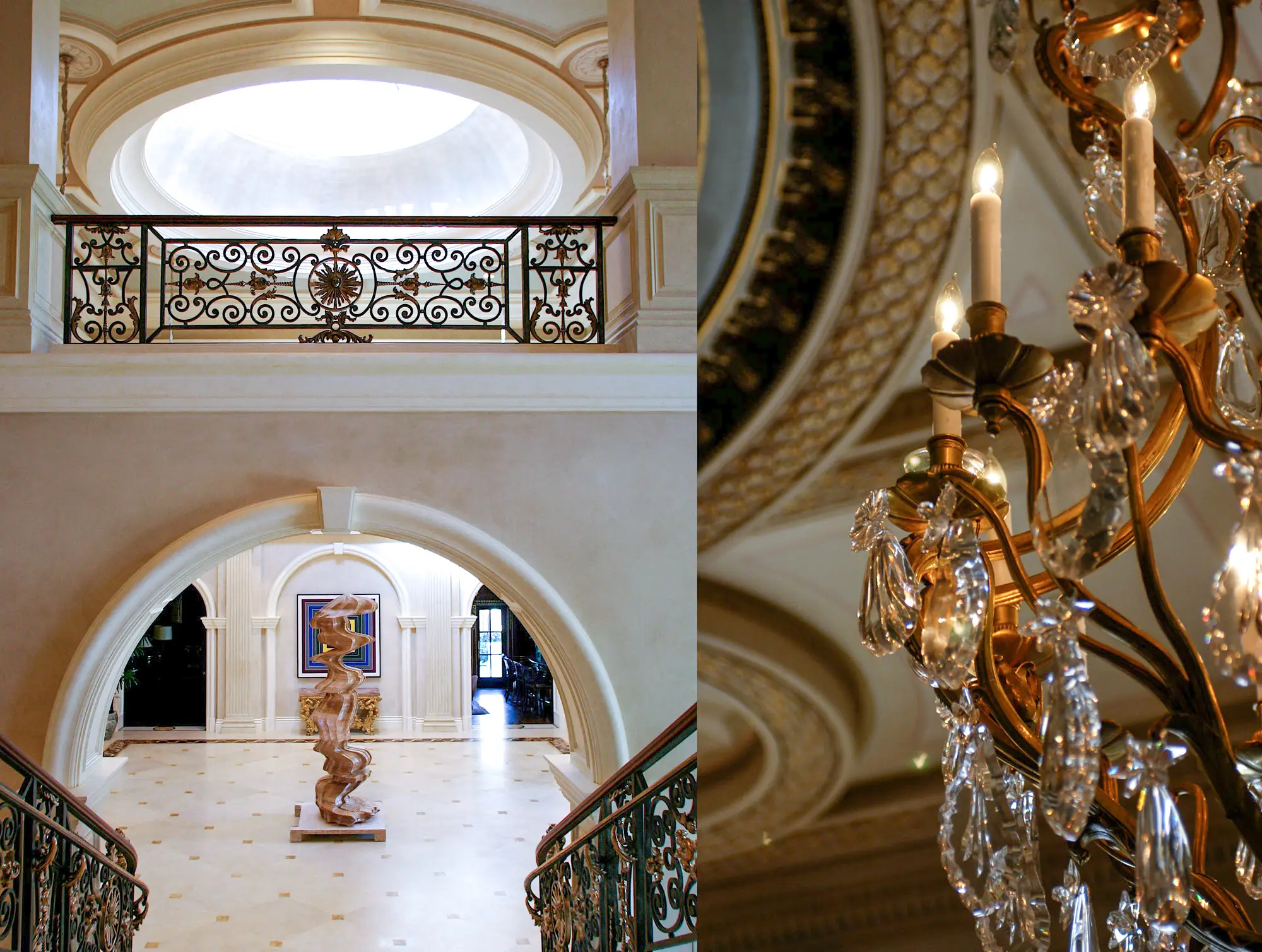 Polished plaster walls and a gilded coffered dome in a residential rotunda and stair hall