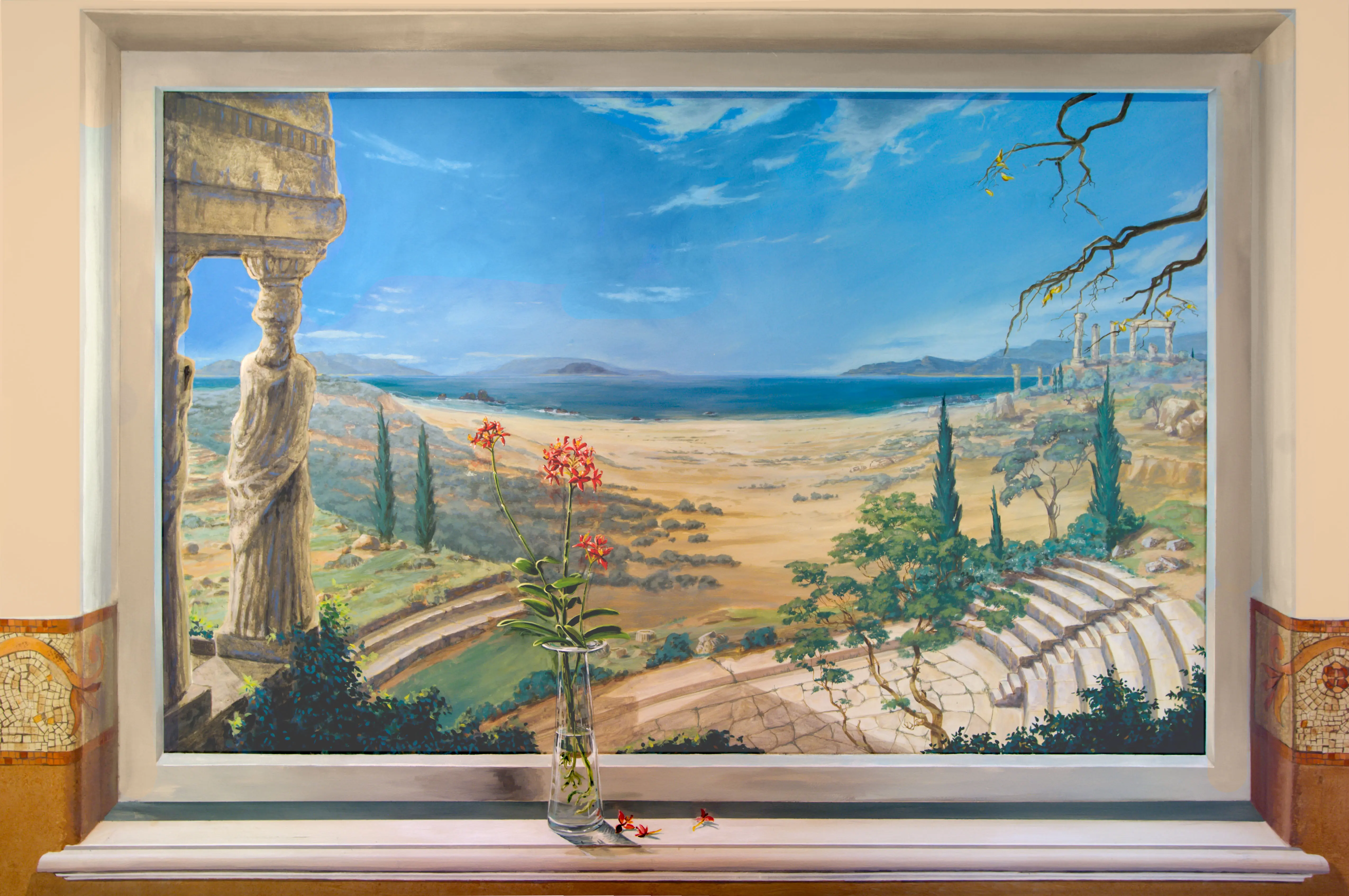 Trompe l'oeil window mural at the Quinn House showing a Mediterranean coastline with a caryatid, cypress trees and a ruined amphitheatre, with a painted vase of lilies on the sill