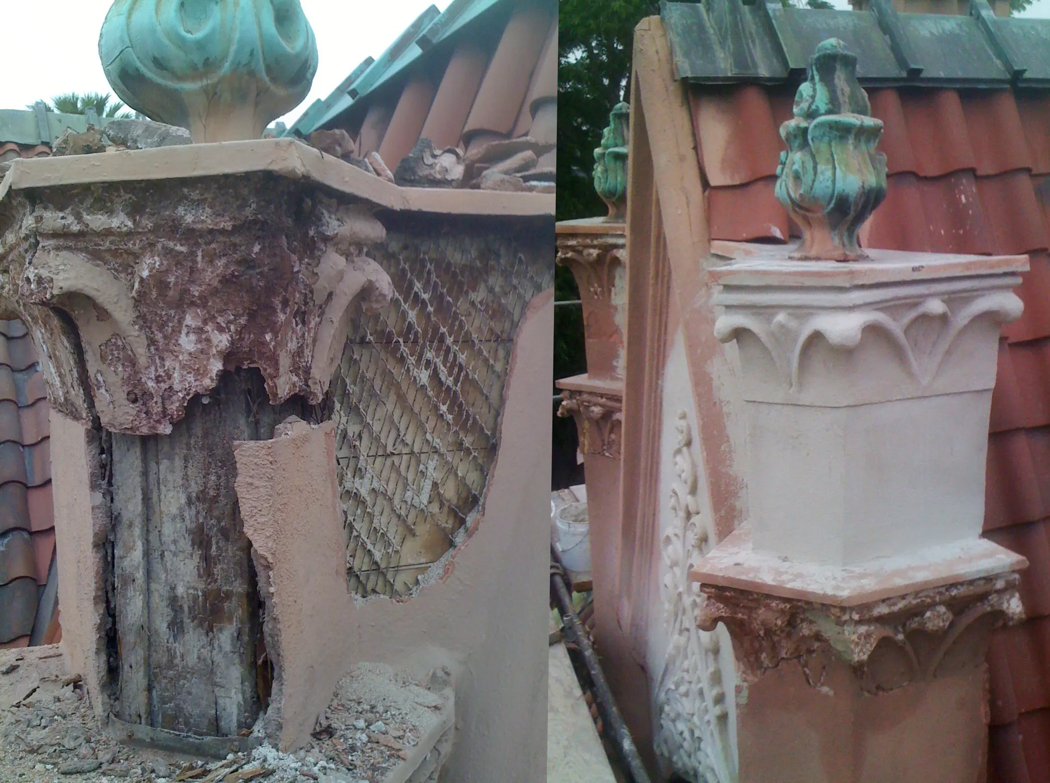 Before and after of exterior architectural ornament: a decayed stucco pinnacle, and the same pinnacle rebuilt and refinished